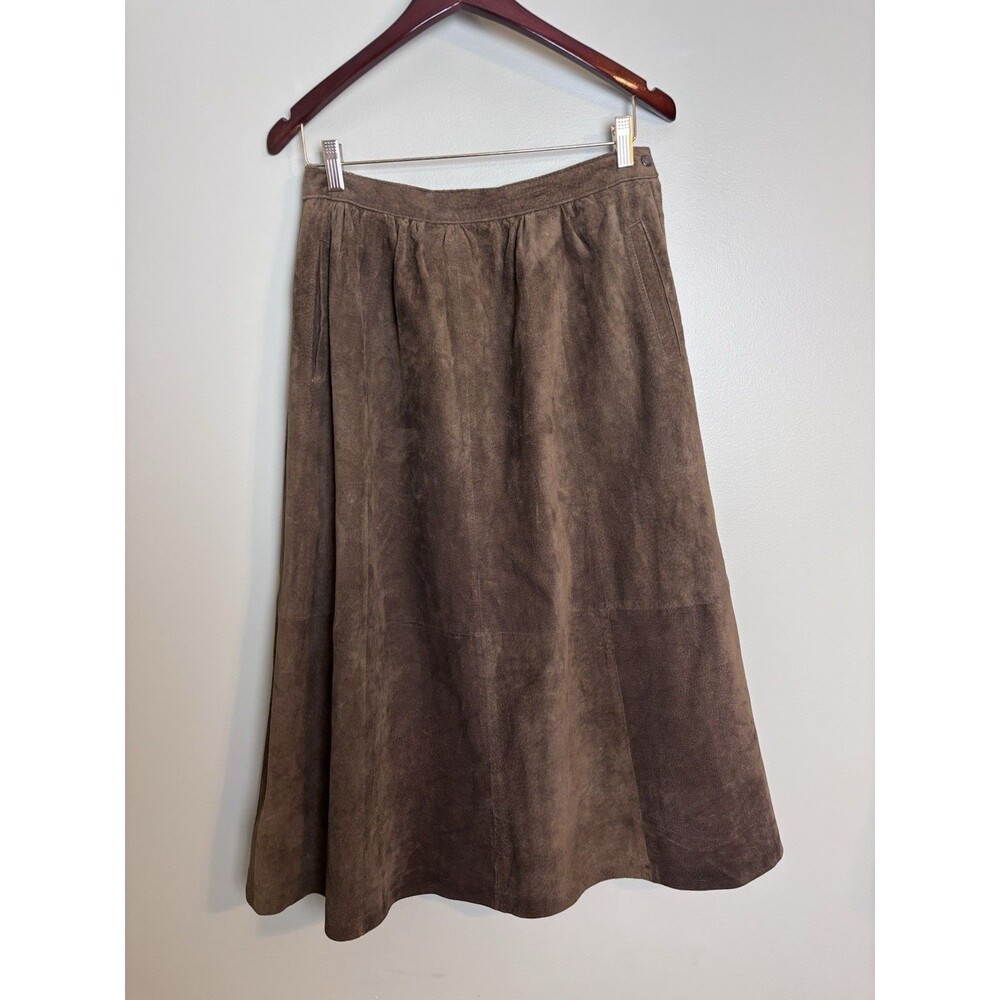 VTG Midi Brown Suede Leather Skirt Western Chic Boho Prairie Academia Minimalist